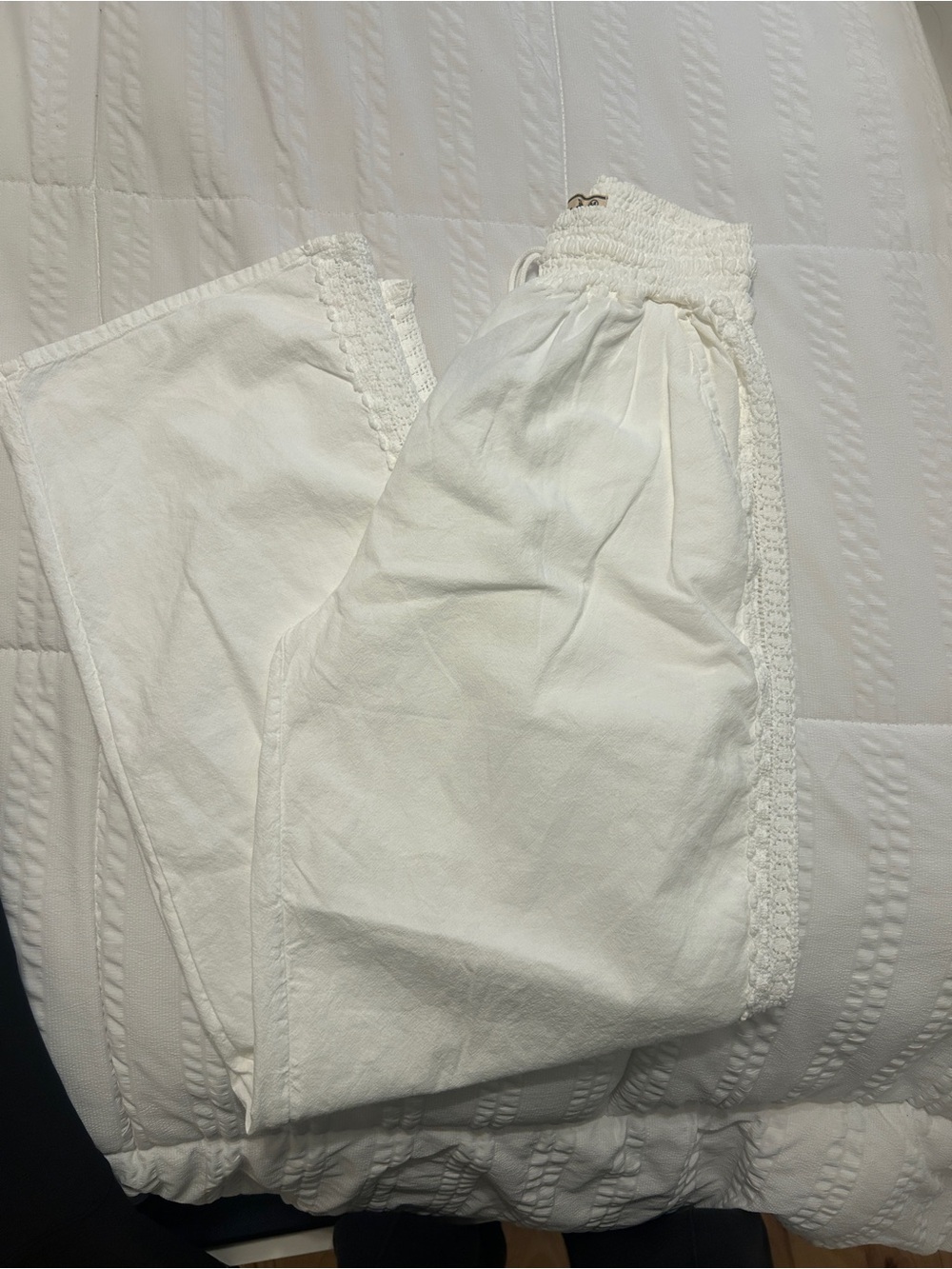 Women’s White Elastic-Waist Bottoms with Crochet Trim